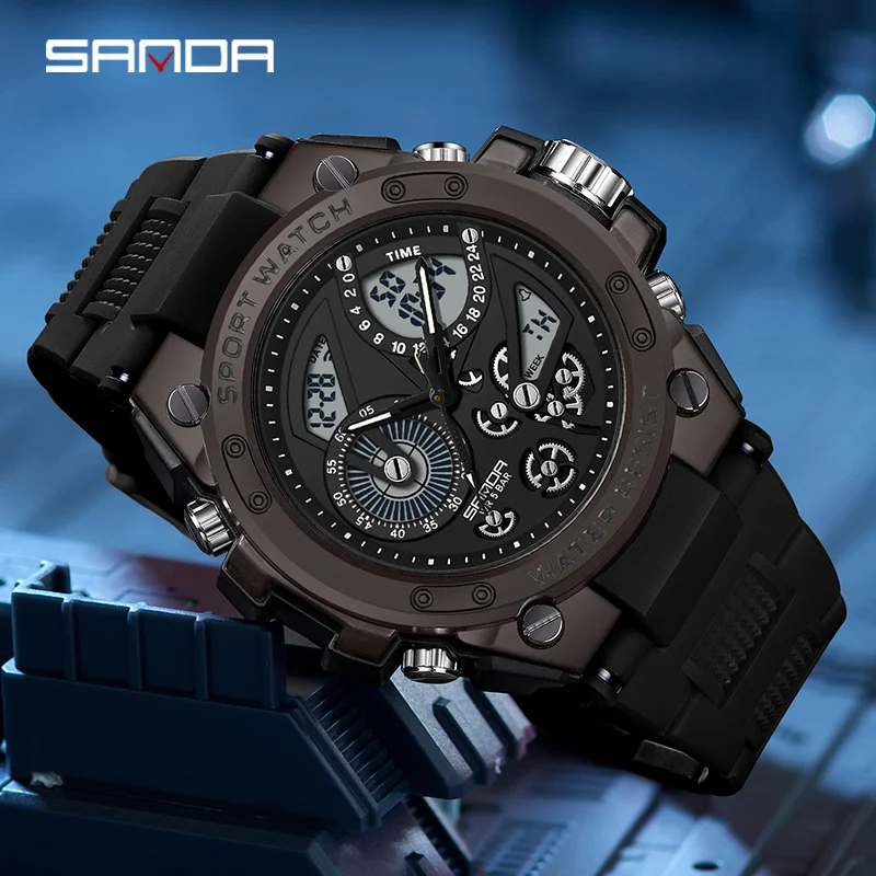 Sanda ساعة رجالي ساعة كهربائية متعددة الوظائف موضة الاتجاه في الهواء الطلق مضيئة ساعة تنبيه مقاوم للماء للصدمات ساعة رجالية 9020