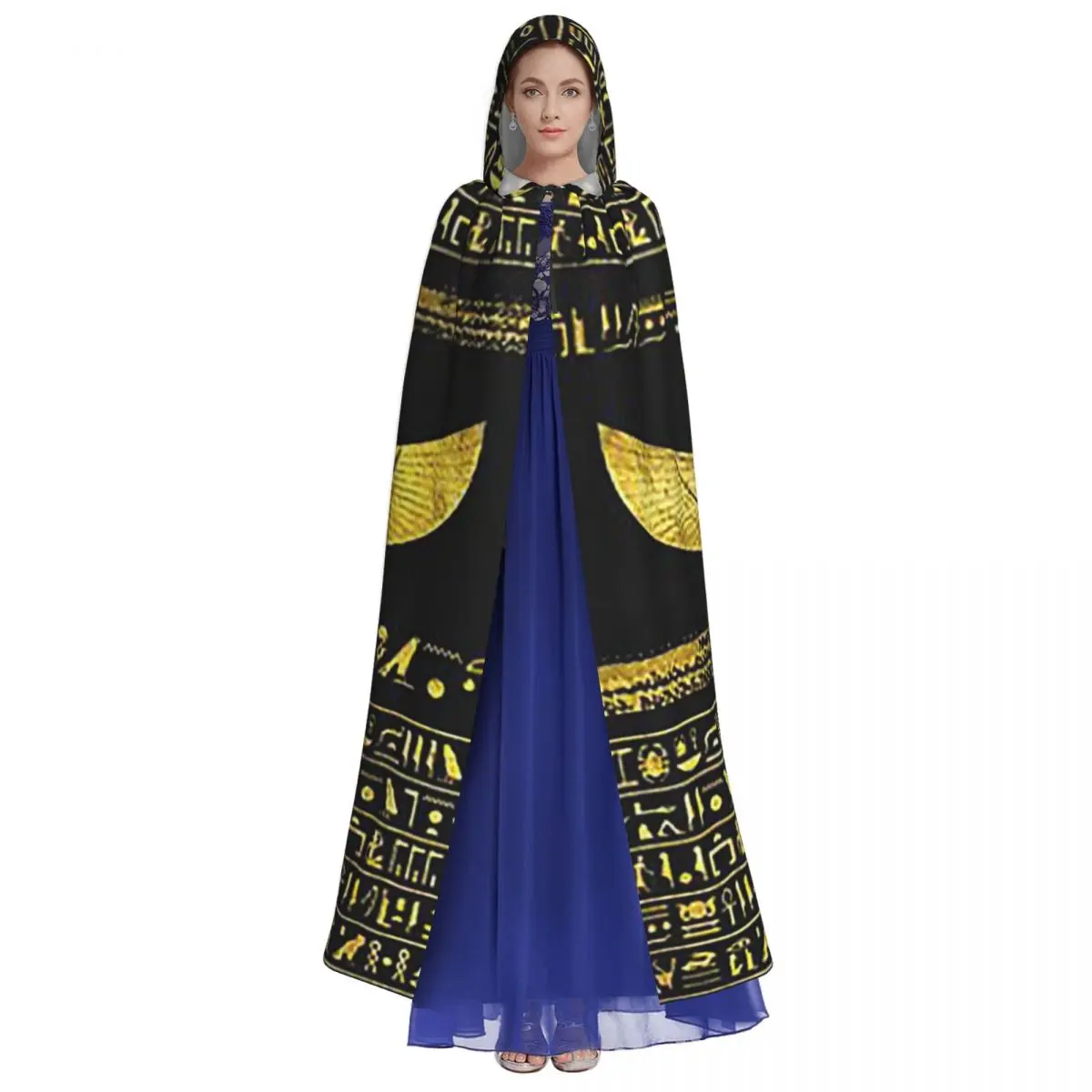 Golden Egyptian God Ornament On Black Leather Long Hooded Cloak Witch Medieval Costume Cosplay Cape HalloweenCoat Adult Unisex - Image 2