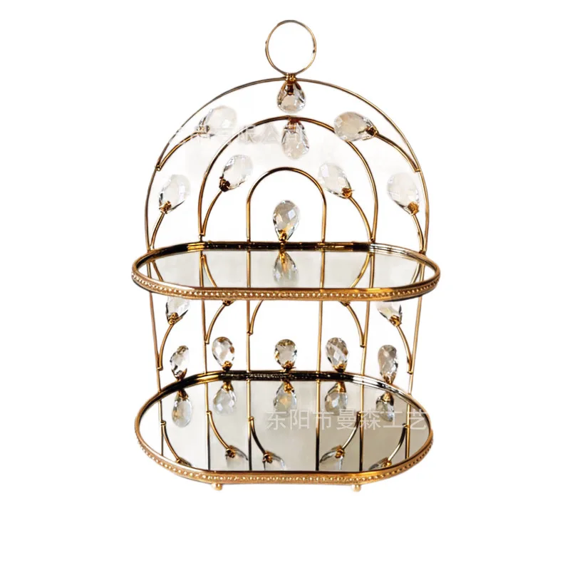 

DSA light luxury crystal two-layer tray dessert table ornament gold metal cake stand living room storage fruit plate wholesale