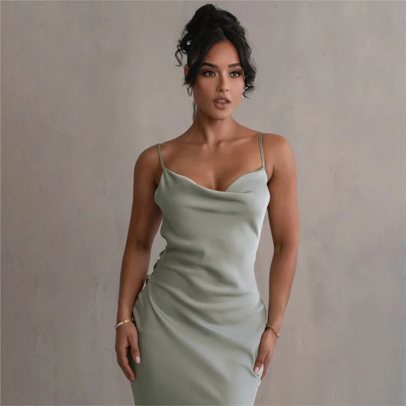 Zomer Dames Zijde Satijn Strappy Backless Bodycon Avondjurk Jurk Chic Slim Fit voor Gala Bruiloft & Formele Evenementen Jurk