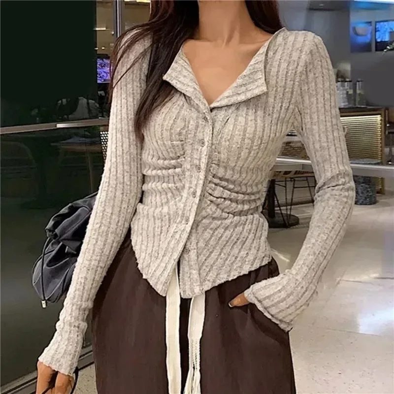 Korean New Knit Cardigan Women Y2k Clothes V Lapel Long Sleeve Knitted  Jumper  Collar Sweater Coat Vintage Slim Cardigan