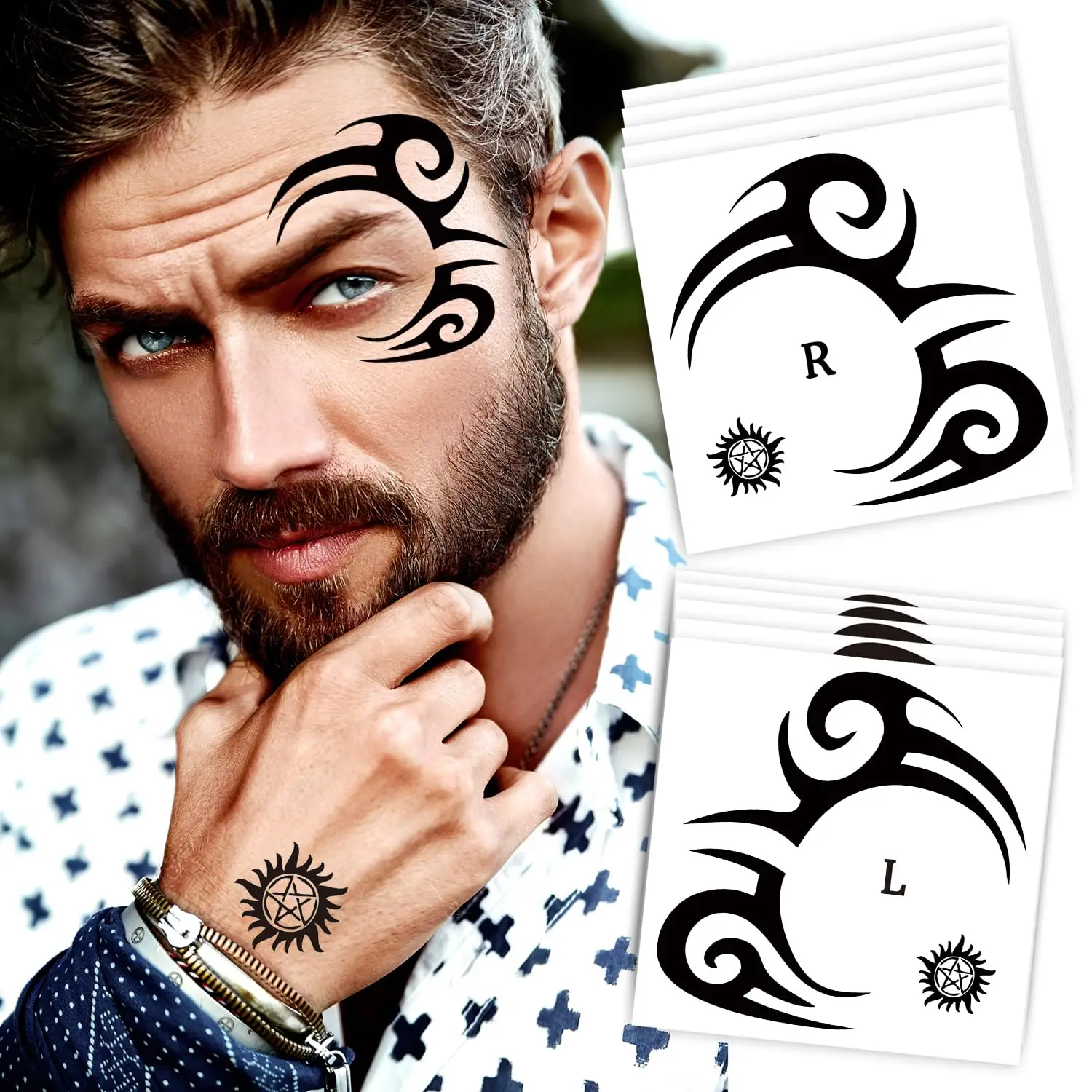 

10-Pack Tribal Face Tattoo Temporary Stickers for Halloween, 3.7 x 3.7 Inch Black Tribal Temporary