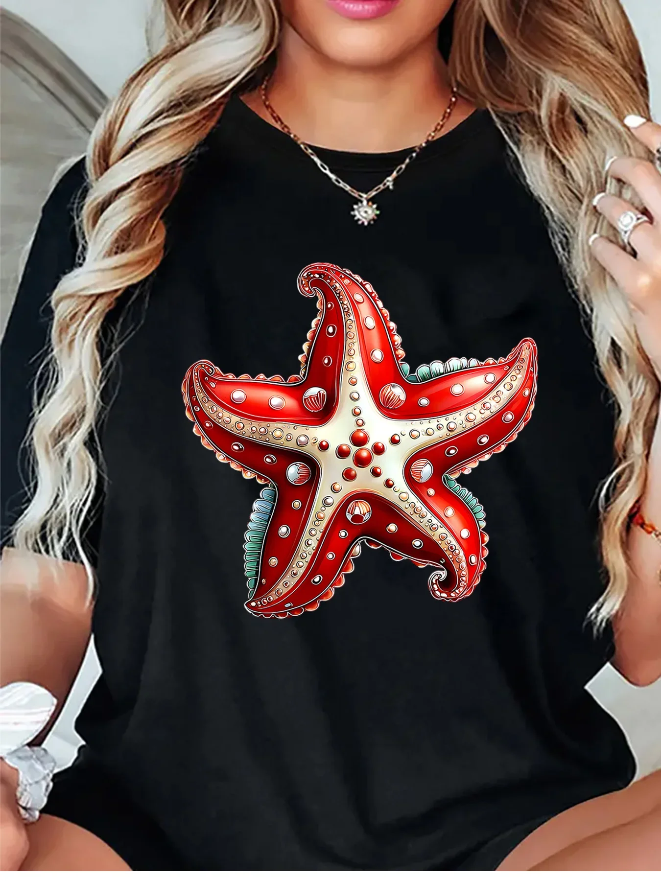 Beautiful Bright Red Starfish Ocean Sea Creature Art Graphic Womens T Shirt Short Sleeve Crew Neck Daily Casual Ladies Tee Tops
