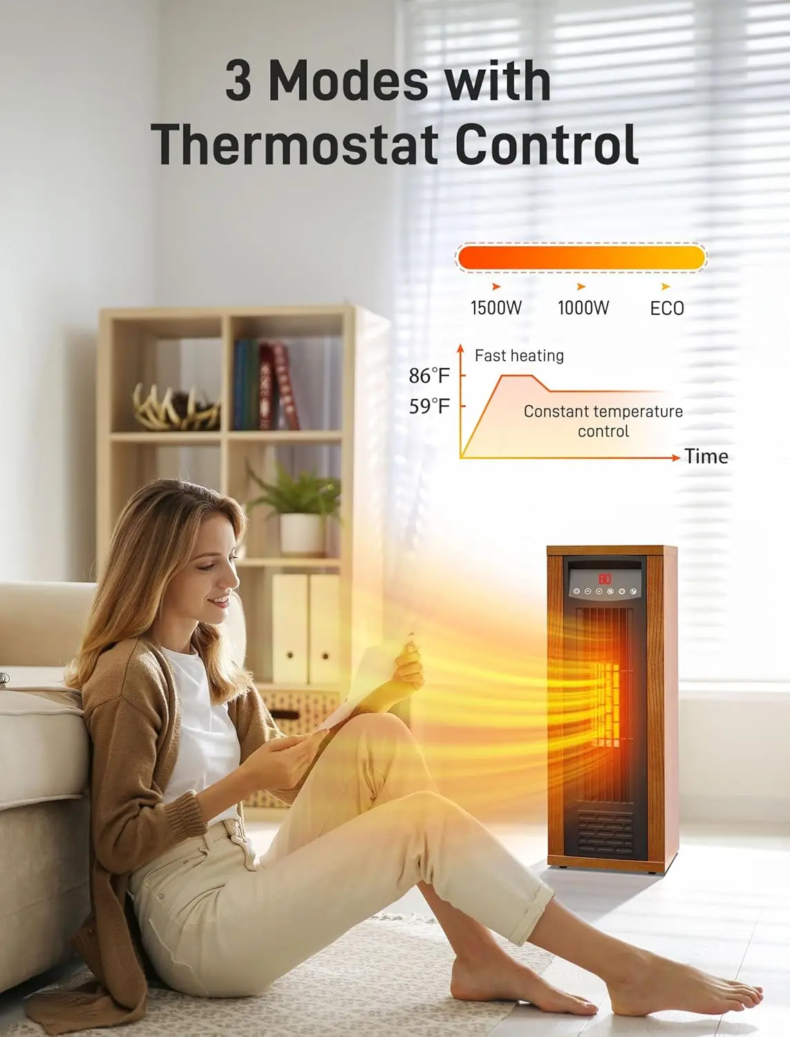 적외선 공간 히터, 1500W PTC 휴대용 전기 히터, 빠르고 조용한 난방 타워 룸 히터, 침실, 사무실, 가정용