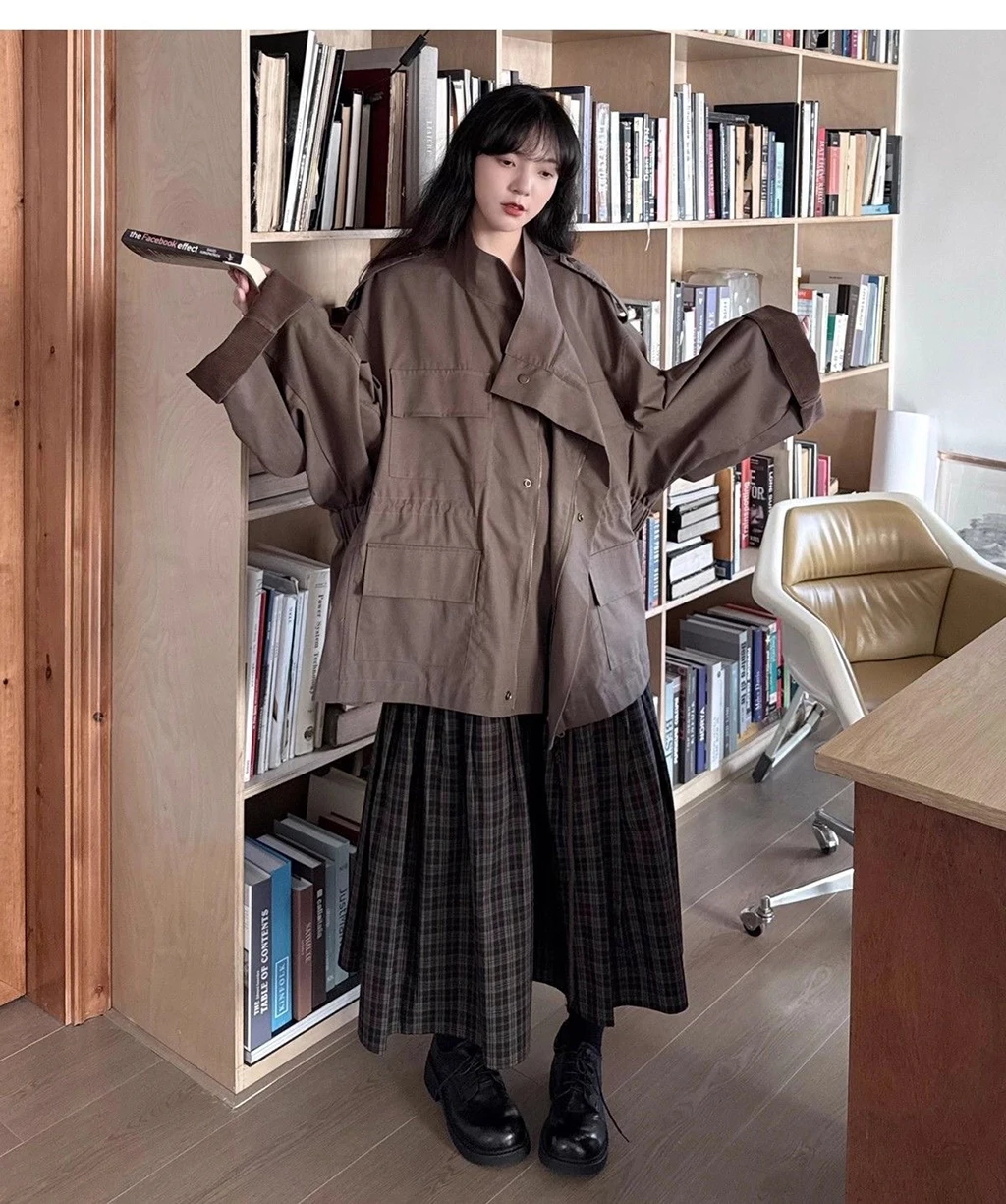 خمر منقوشة مطوي ميدي تنورة المرأة الخريف الشتاء عالية الخصر ألف خط سوينغ تنورة عادية فضفاض الرجعية التنانير الطويلة موضة Stre #4