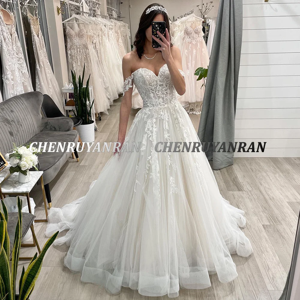 Vestidos de casamento feminino com aplique de renda, vestidos de casamento em linha A, vestido de noiva longo, elegante 2024