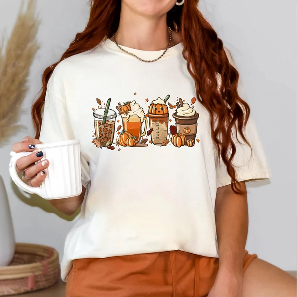 Fall Coffee Pumpkin T-Shirt Comfort Colors Halloween Shirt Coffee Latte Shirts Retro Halloween Tee Unisex Short Sleeves Tops