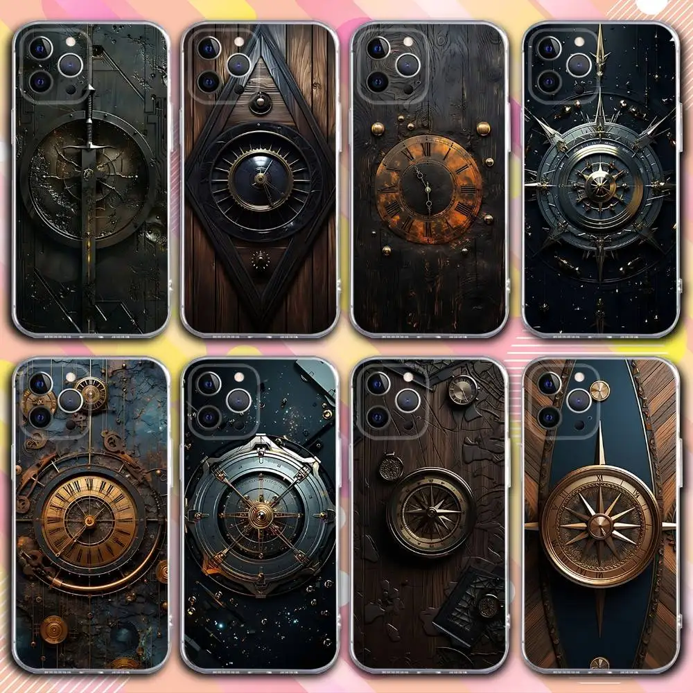 

Wood Compass Clock ART Phone Case For iPhone 17,16,15,14,13,12,11 Pro,Max,Plus,X,XS,XR,SE4,E Mini Transparent Soft Cover