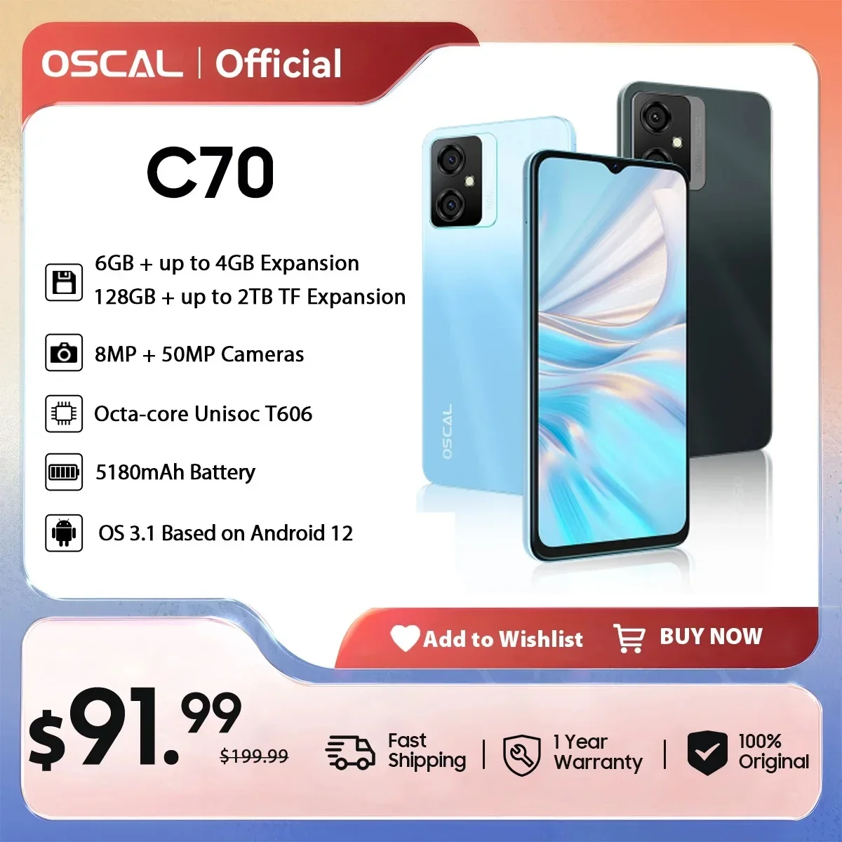 OSCAL-Smartphone C70 desbloqueado, 6GB + 128GB ,Octa Core, Android, cámara de 12,50MP, 5180mAh, pantalla HD de 6,6 pulgadas