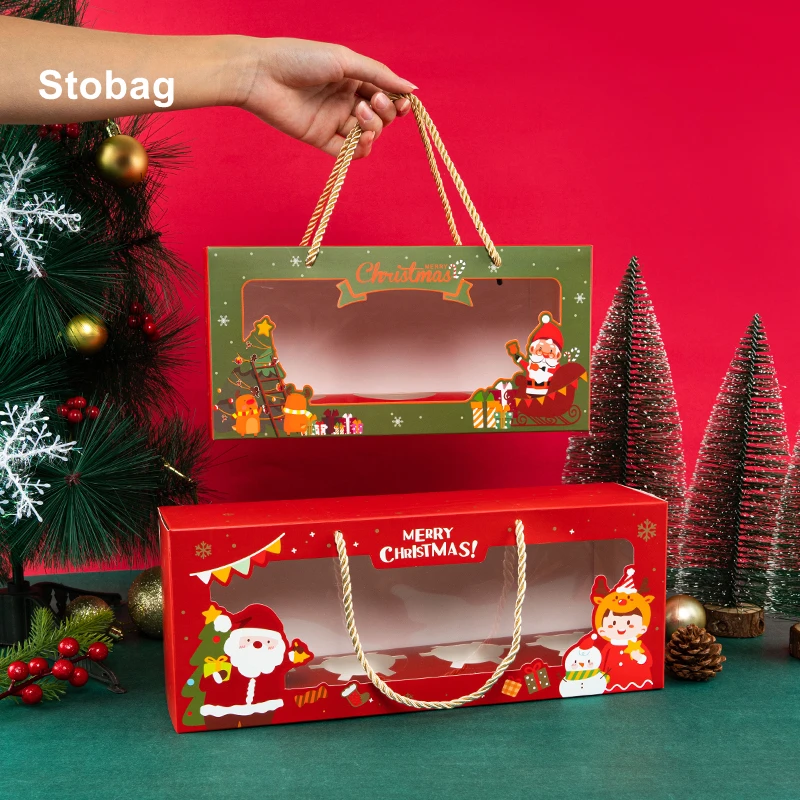 StoBag-Marry Christmas Gift Box Cupcake Baking Package Santa Claus Kids Child Holiday Happy Year Party Favors Handle 5 Pcs 10Pcs