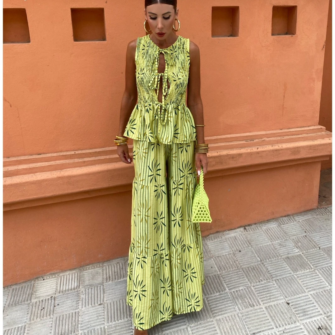 

Yellow Striped Print Women's Matching Sets Fashion Lace Up Top and Long Pant Outfits Elegant Party Holiday Two Piece Set 2025