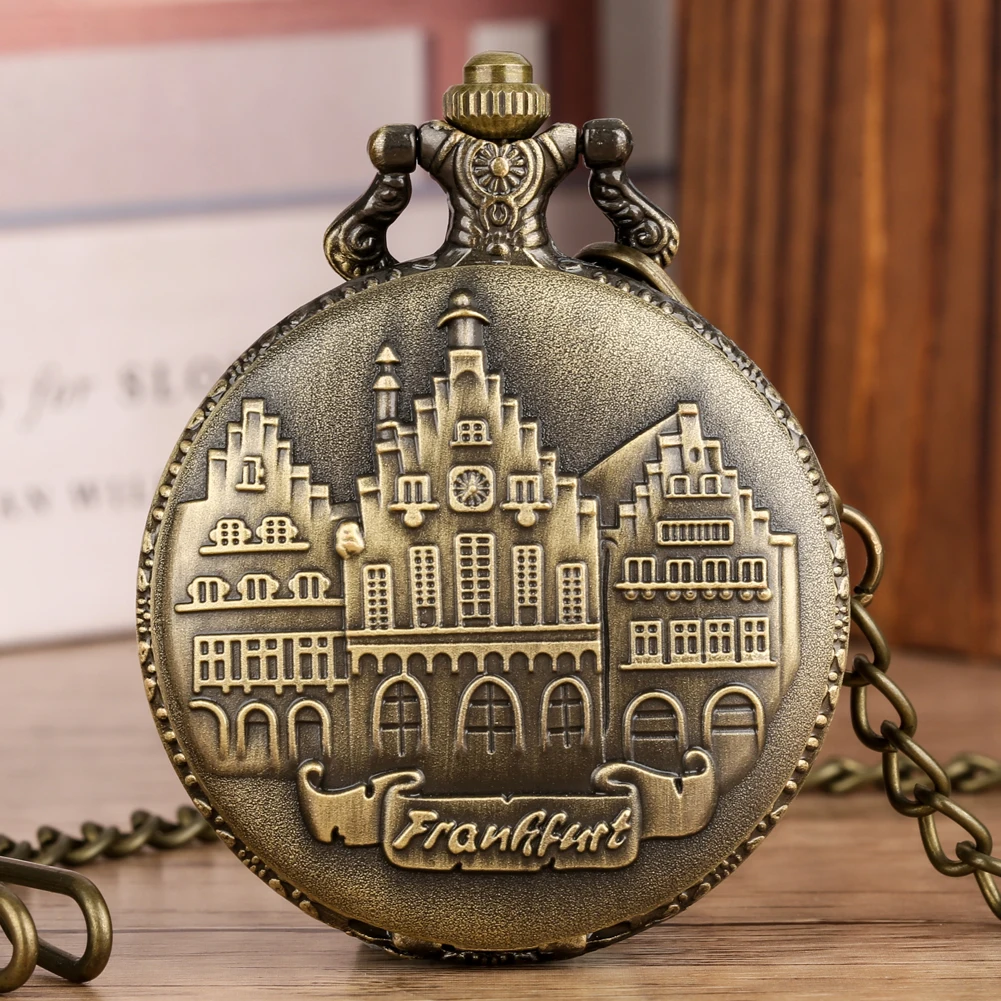 Oude Antieke Bronzen Frankfurt Kasteel Duitsland Superb Handgemaakte Building Quartz Zakhorloge Souvenir Ketting Geschenken Ketting Klok