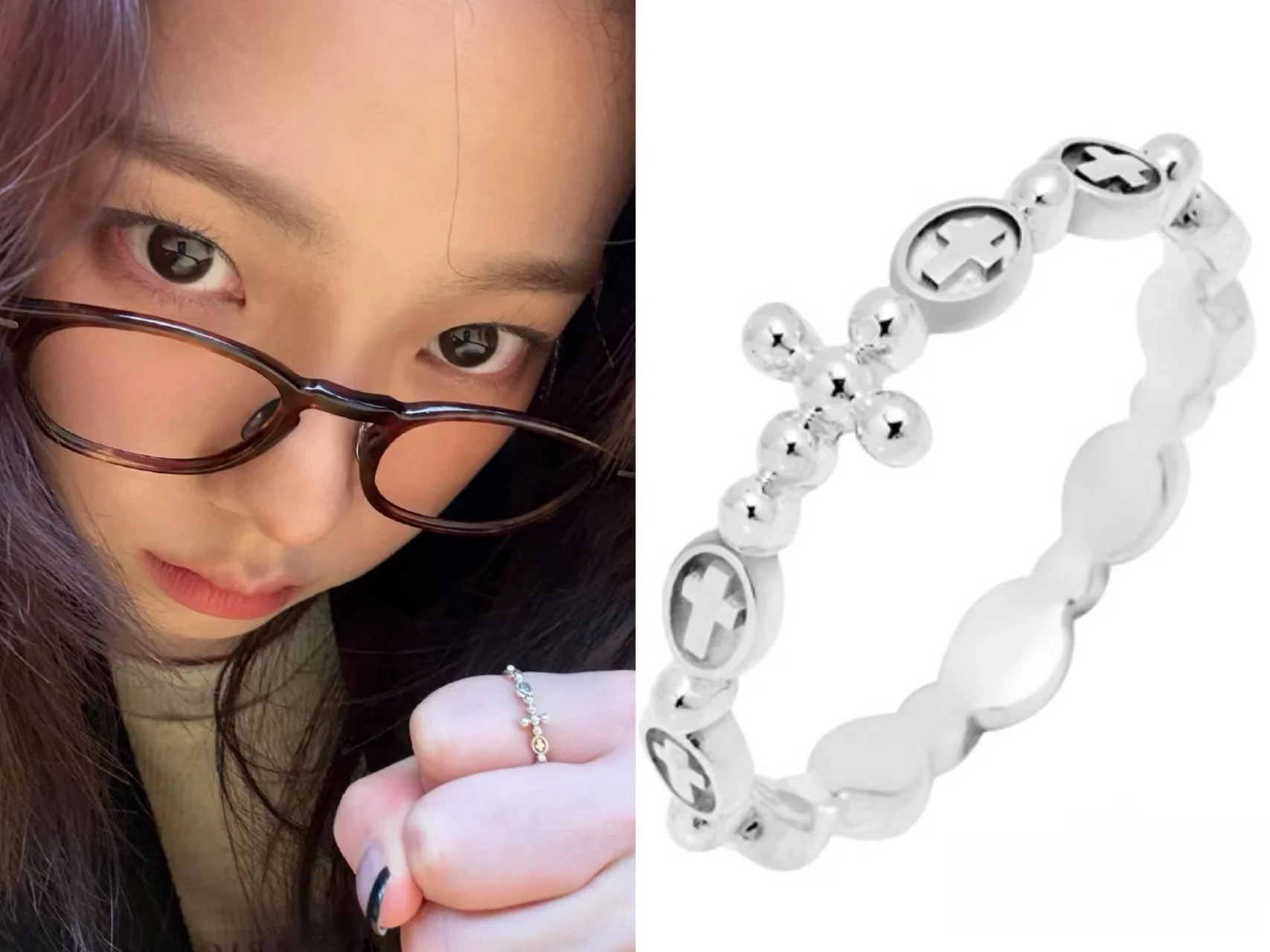 Kpop Hot Idol KARINA Same Style Ring Korean Female Star YuJiMin Round Beads Cross Ring Personalized And Fashionable