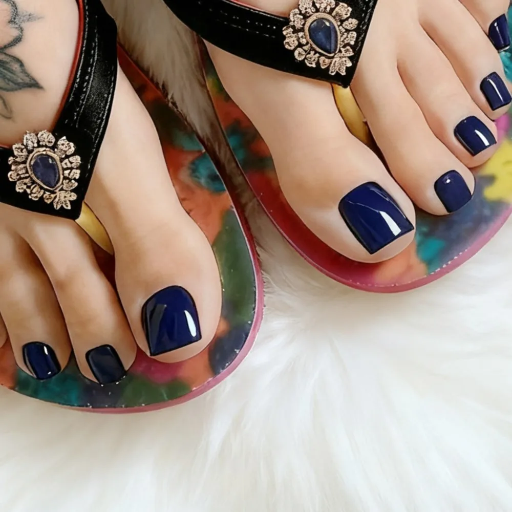 

56Pcs Dark Blue Full Cover Press on Toenails For Woman Acrylic Fake Toe Nails Tips with Glue Manicure Tools Set