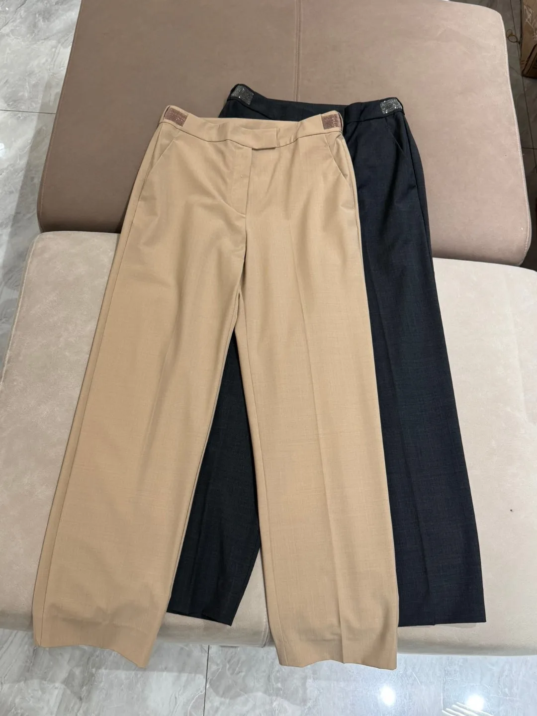 Elegant autumn wool solid color straight leg pants