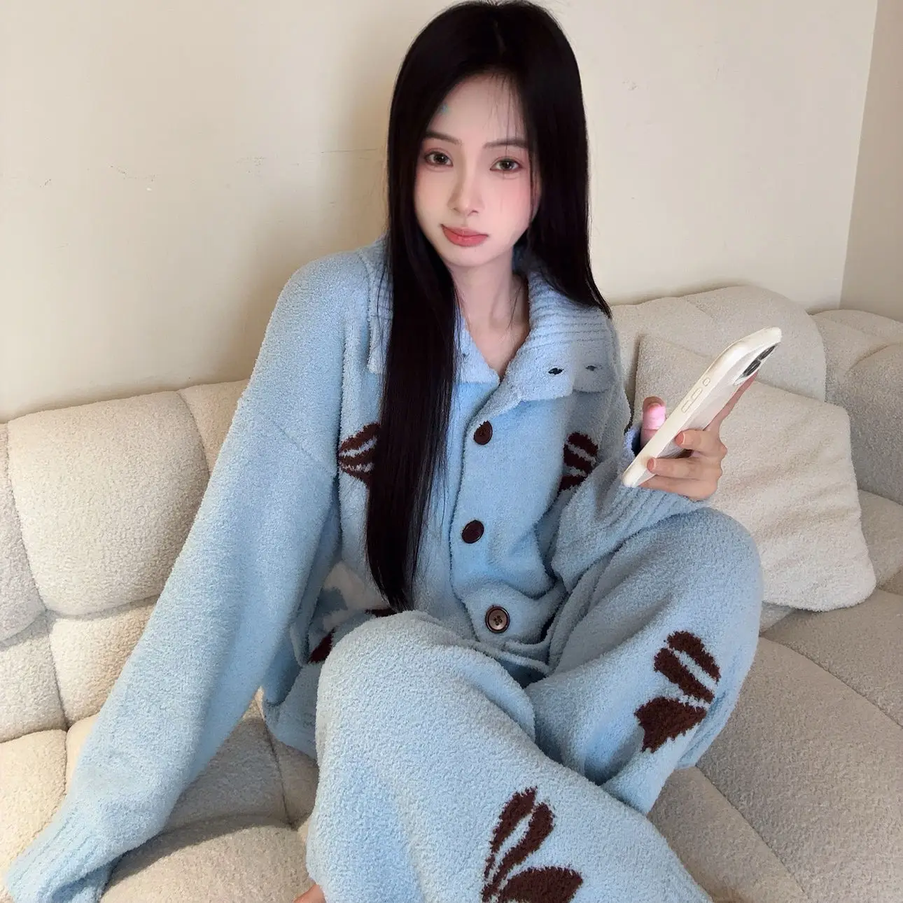 여성용 파자마 세트, 따뜻한 겨울 파자마, 니트 겨울 패션 홈웨어, 귀엽고 부드러운 파자마 세트