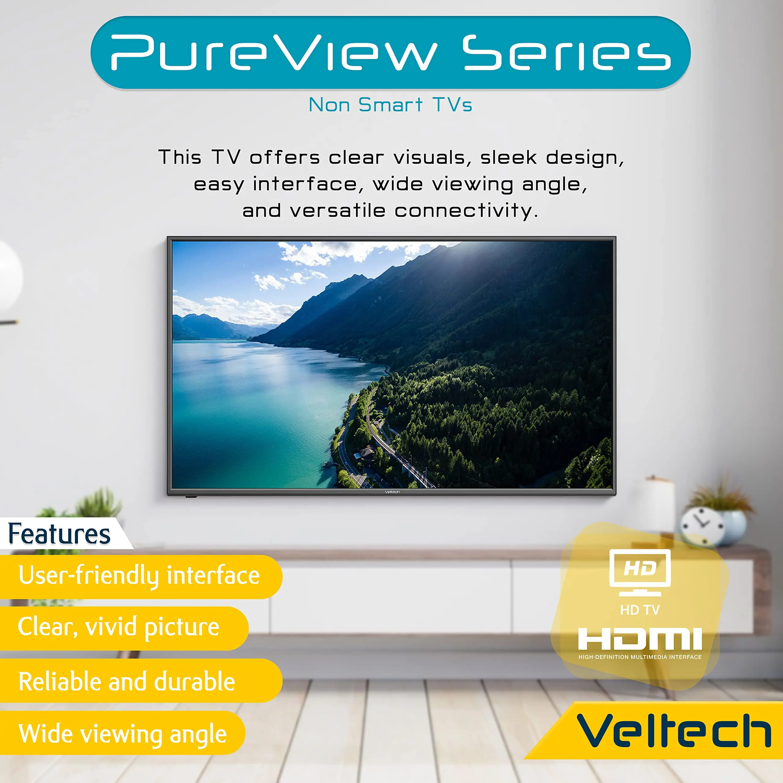 تلفزيون VELTECH 32 بوصة HD جاهز LED مع Freeview HD، 2 x HDMI، HD DolbyDigital AudioTV+، تسجيل USB ومشغل الوسائط، تلفزيونات صغيرة