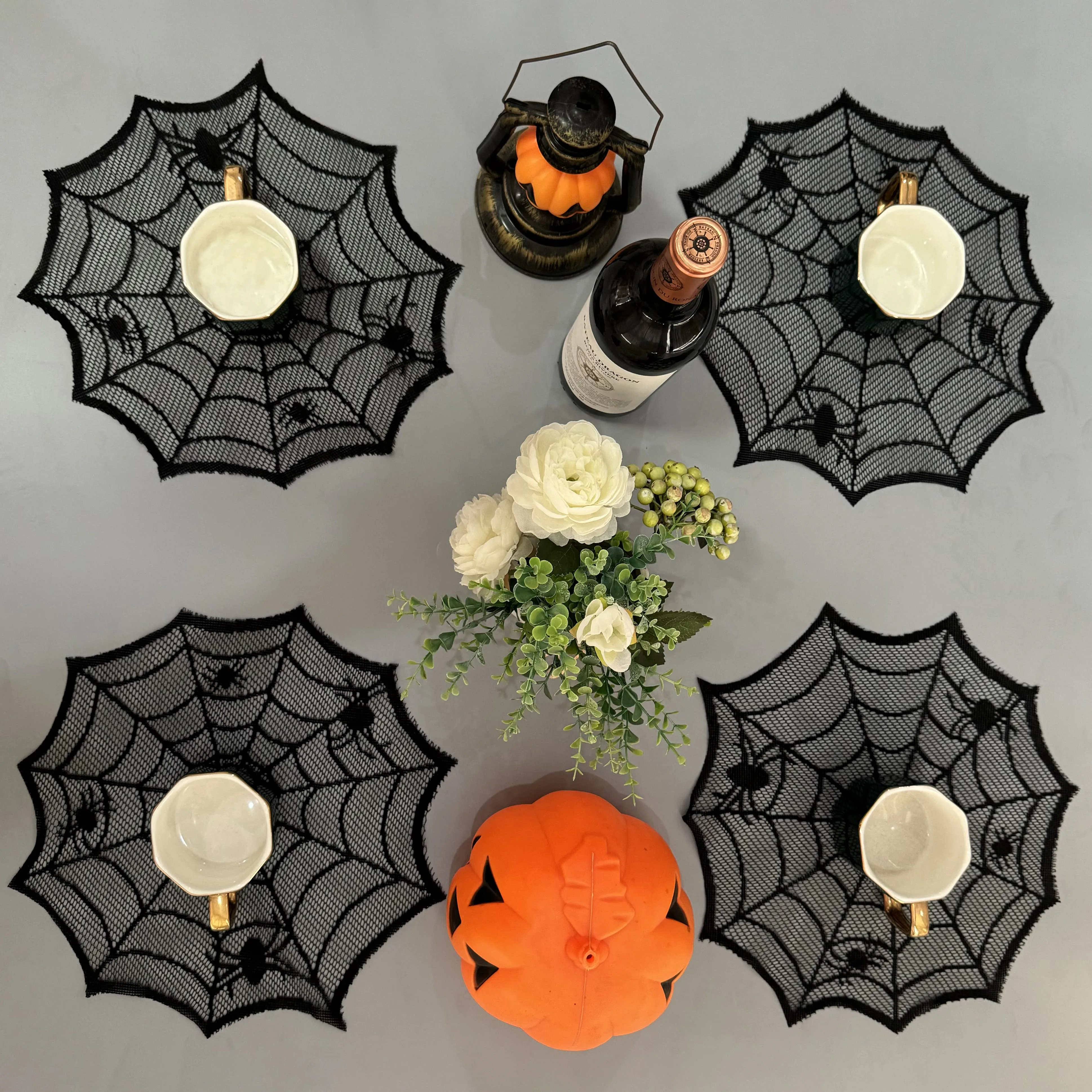 Diameter 30cm Halloween Tablecloth Black Placemat Disposable Spider Table Runner Halloween Decoration Set