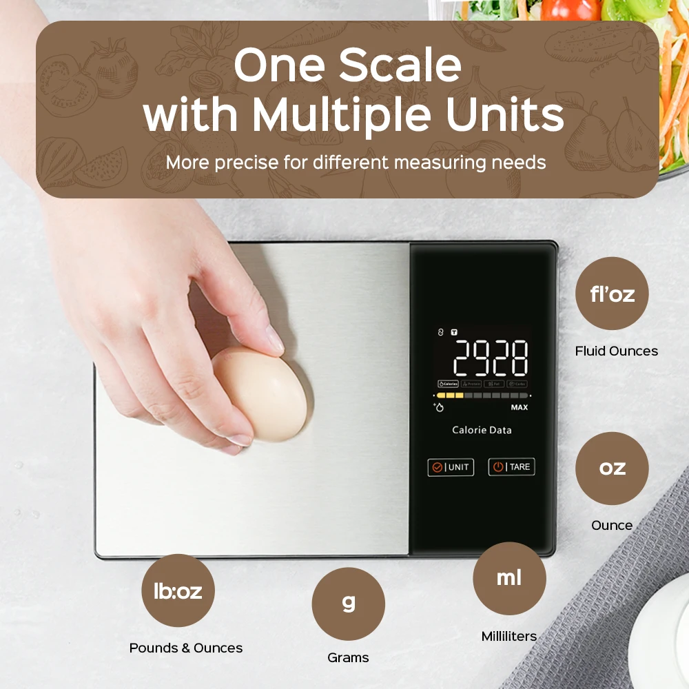 Smart Kitchen Scale Food Calorie Protein Fat Carbs Nutritional Calculator Scales, 11LB / 5kg Stainless Steel Kitchen Food Scale