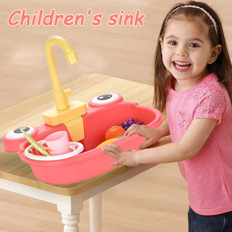 Children's Kitchen Sink Toys Set Cute Frog Styling Electric Dishwasher With Automatic Water Cycle System For Kids