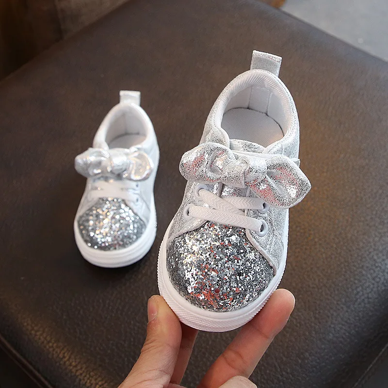 Children Casual Shoes Toddler Baby Girls Bow Sequin Sneakers Glitter Soft Sole Non-slip Sports Shoes Fashion Solid Board Shoes