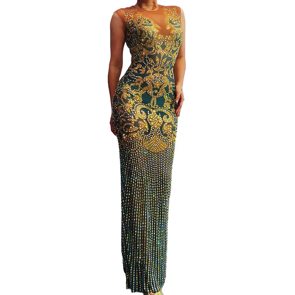 Vestido largo Sexy para mujer, lentejuelas con diamantes de imitación de cristal para fiesta de noche, trajes de Club de cumpleaños, disfraz de graduación, Reina 2026