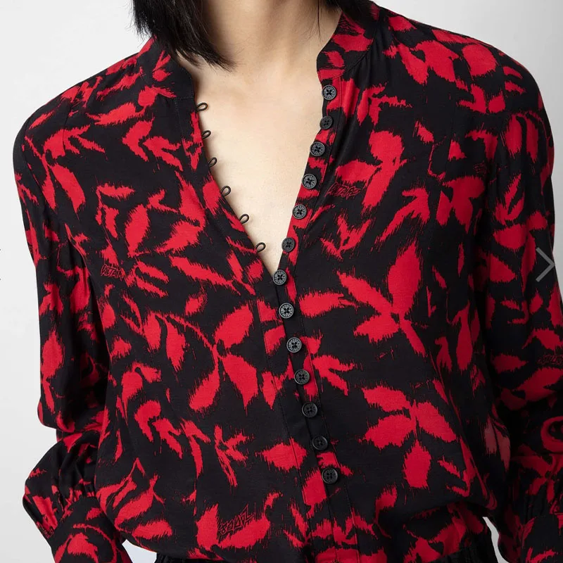 Zadig Women Blouses Causal Long Sleeve New Shirts Tops Female Fashion Black Red Maple Leaf Shirts Button Elegant Blouses Top