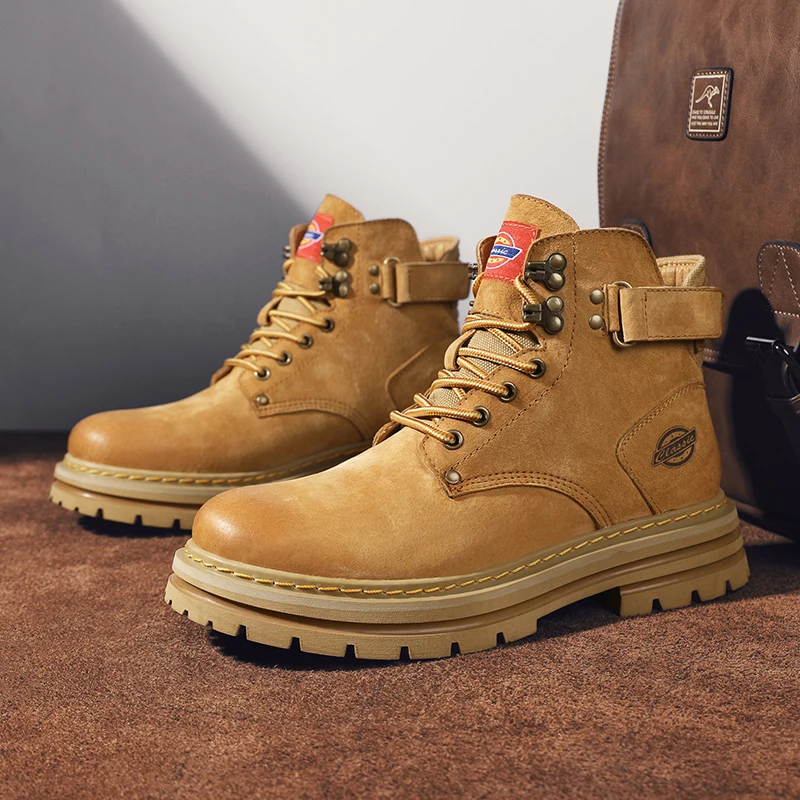 

2025 New Men's Big Yellow Boots Durable Anti - Skid Sole High - Top Chunky Sole Winter Fleece Lined British Work Boots Motorcycl