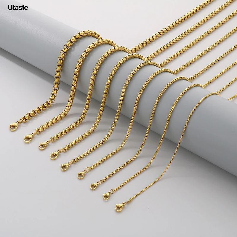 Fashion 60cm Long Box Chain Necklace Men Stainless Steel Black Gold Color Link Chains Basic Punk Jewelry Wholesale
