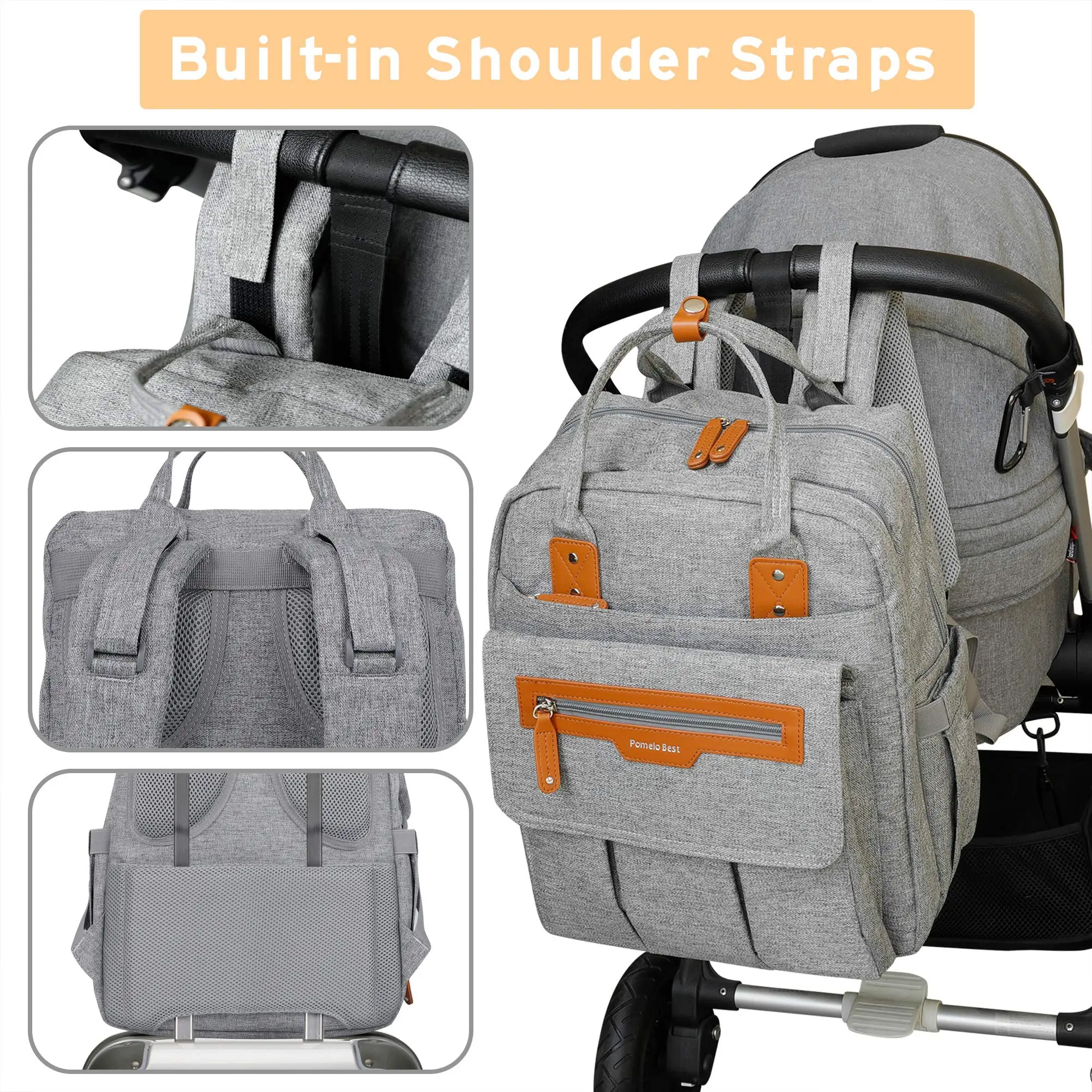 ポメロベストバックパック-スタイリッシュ多機能大型おむつベビーバッグ（おむつ替えマットとベビーカーストラップ付き）