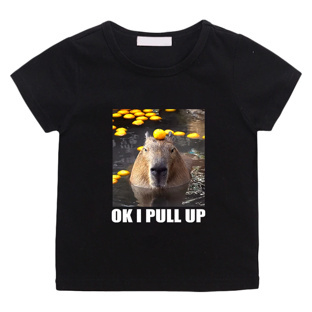 OK I PULL UP Capybara Cute Print Tee-shirt Short Sleeve 100% Cotton Children T-shirt Kawaii Cartoon Graphic Printing Tshirt Soft