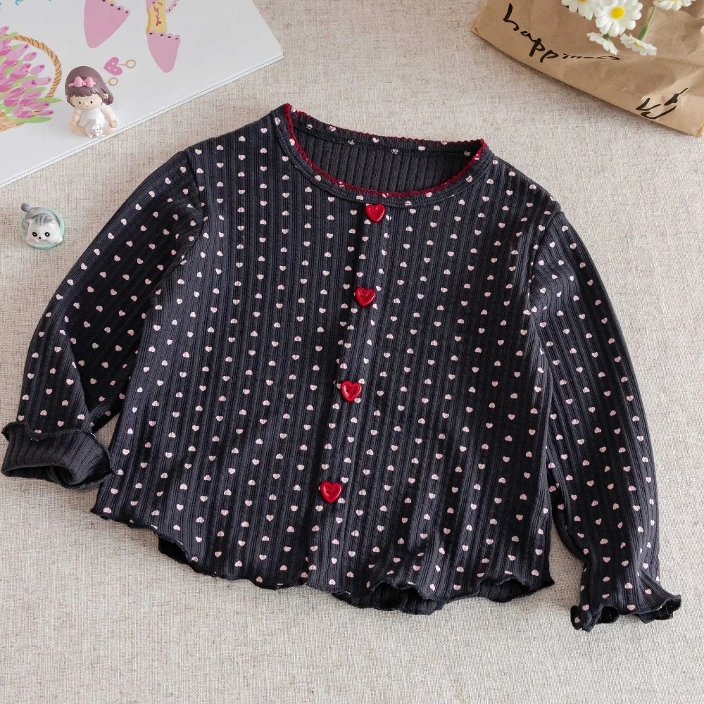 Autumn Korean Style Girls Long Sleeve Heart Print T-Shirt, Fashionable Basic Layering Top Baby Girls Spring Autumn Wear 4