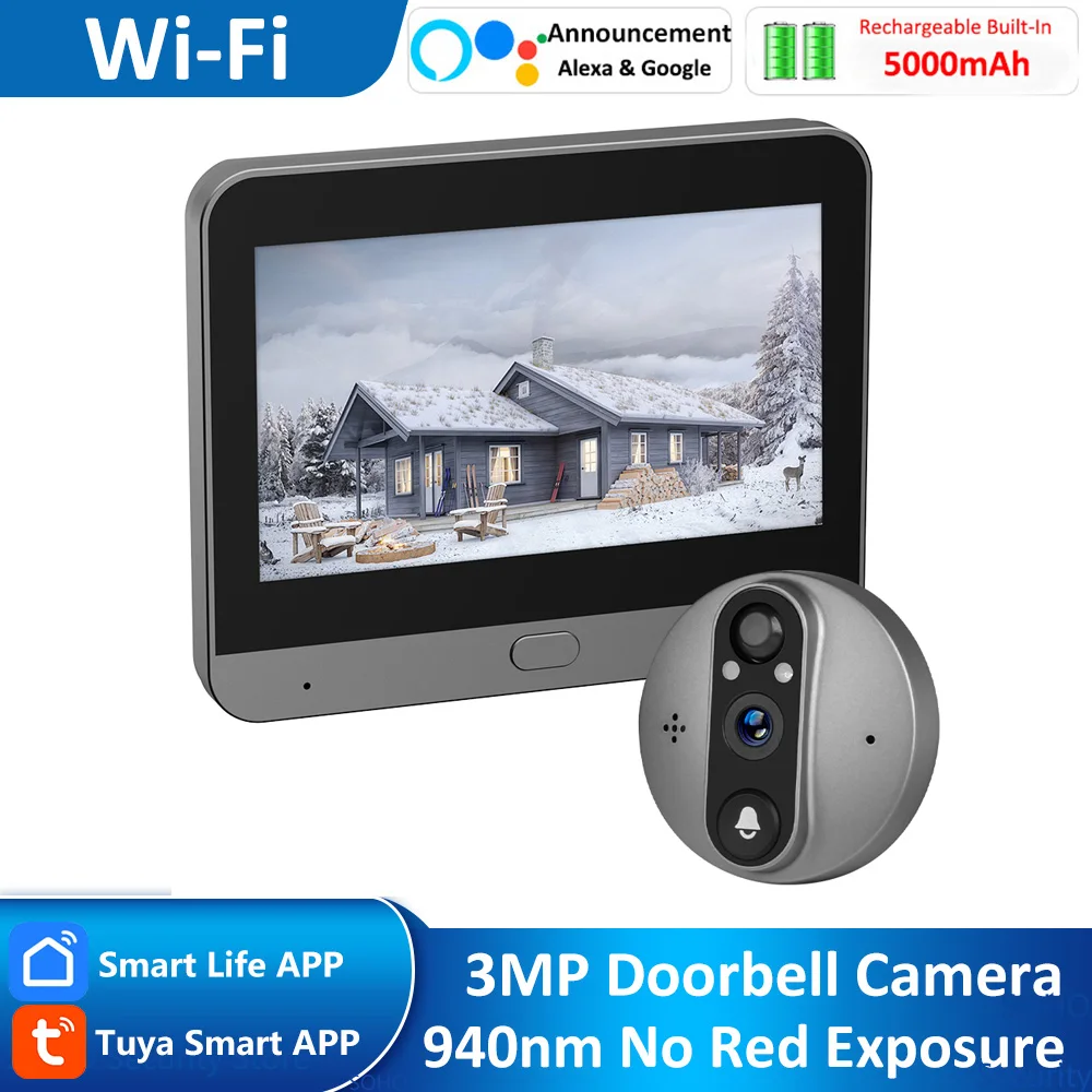 3MP Tuya Smart Life APP Home Battery WiFi Video Digital Door Peephole Viewer PIR 940nm Infrared Doorbell FHD Camera Alexa Google