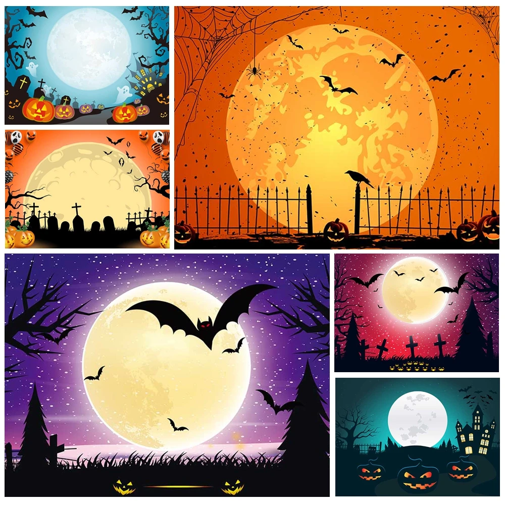 

MOON.QG Halloween Decor Photography Backdrop Full Moon Cemetery Pumpkin Lantern Background Photocall Wall Studio Accessories