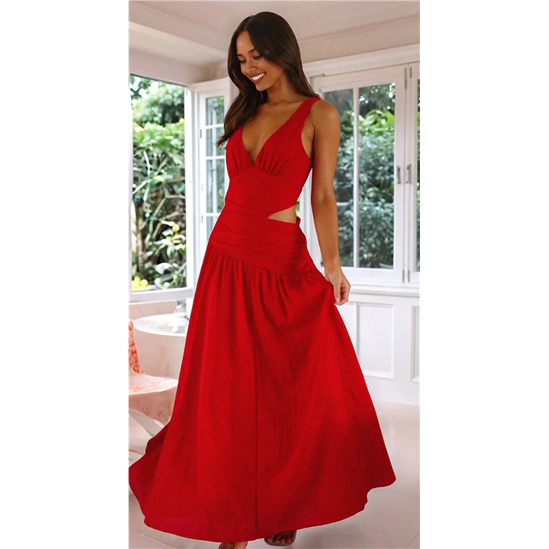 ASDS-Vestido feminino de festa de verão com cintura longa e franzido, decote em V fluido, vestidos femininos plissados