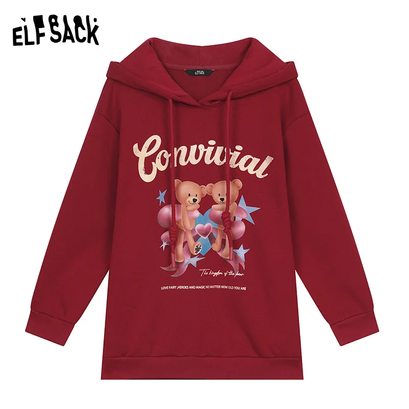 ELFSACK 2024 Winter New Arrivals Original printed red hooded fleece warm hoodie for women