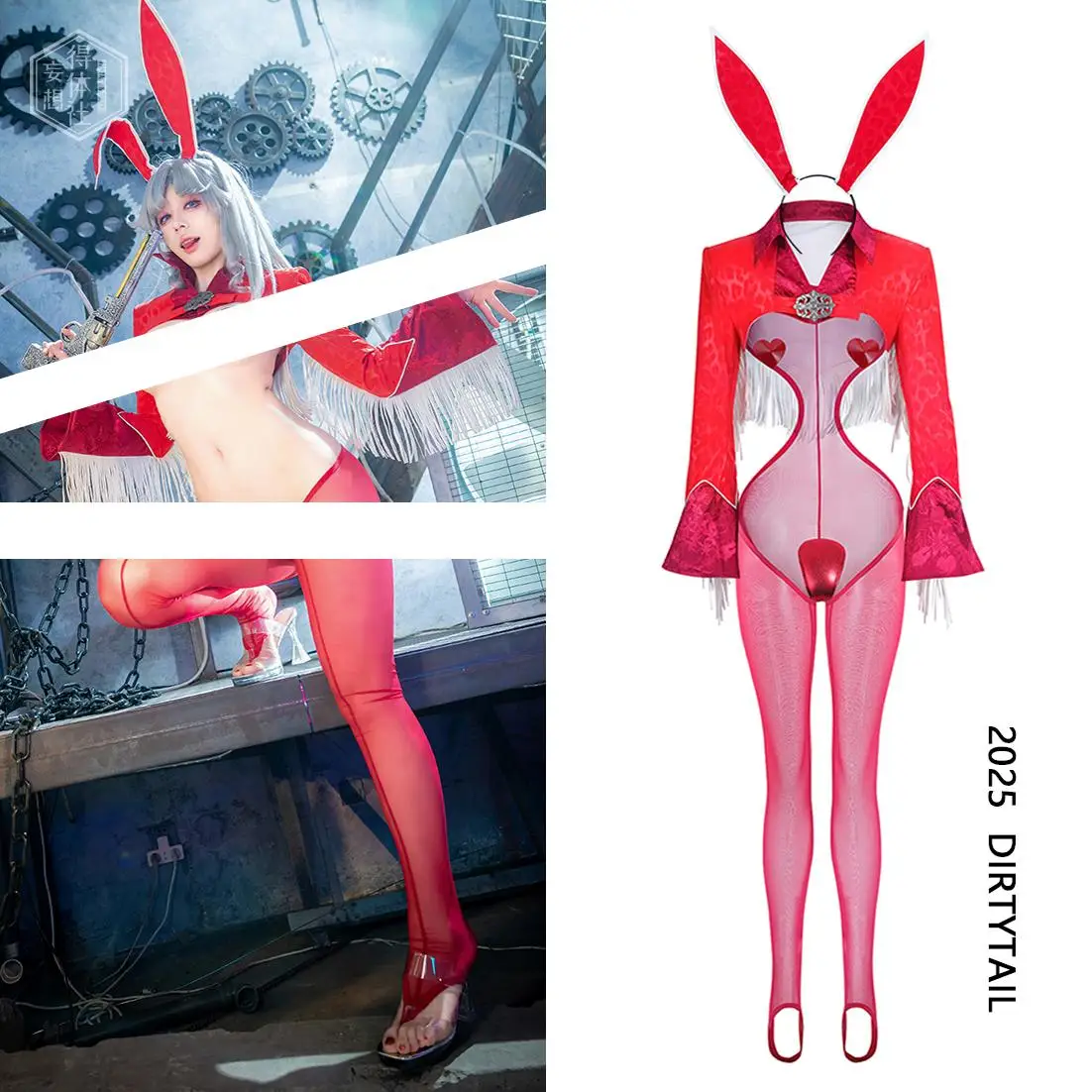 

Red Bunny Girl Cosplay Costume Cowboy Sexy Bunny Tassels Suit Silk Stockings For Hallowmas Party Sweet Girl Outfit Adult Women