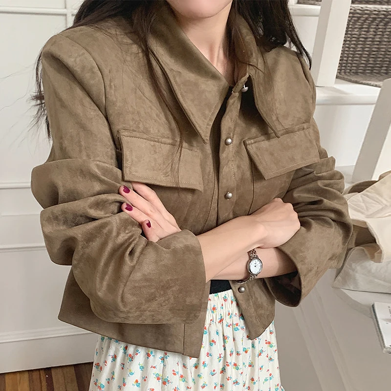 

Chic Vintage Lapel Long Sve ort Coat Soft Deer Skin Velvet Single Button Loose Fit Versatile Autumn Outerwear Jaet