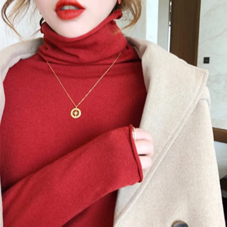 

Красный женский вязаный свитер с высоким воротником, тонкий, облегающий, осенне-зимний, универсальный, в ретро-стиле, элегантный, модный