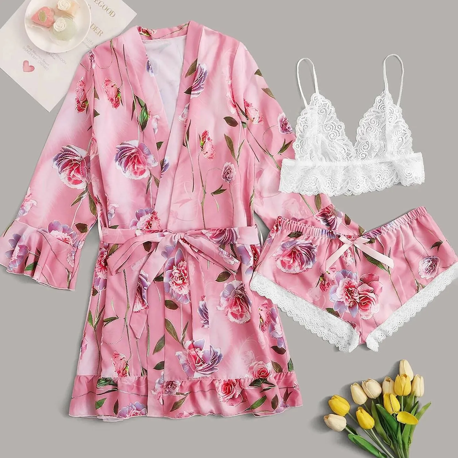 Three Piece Female Floral Printed Sexy Satin Silk Lace Edge Sleepwear Sets Fashion Comfort Camisole With Shorts And Nightgown