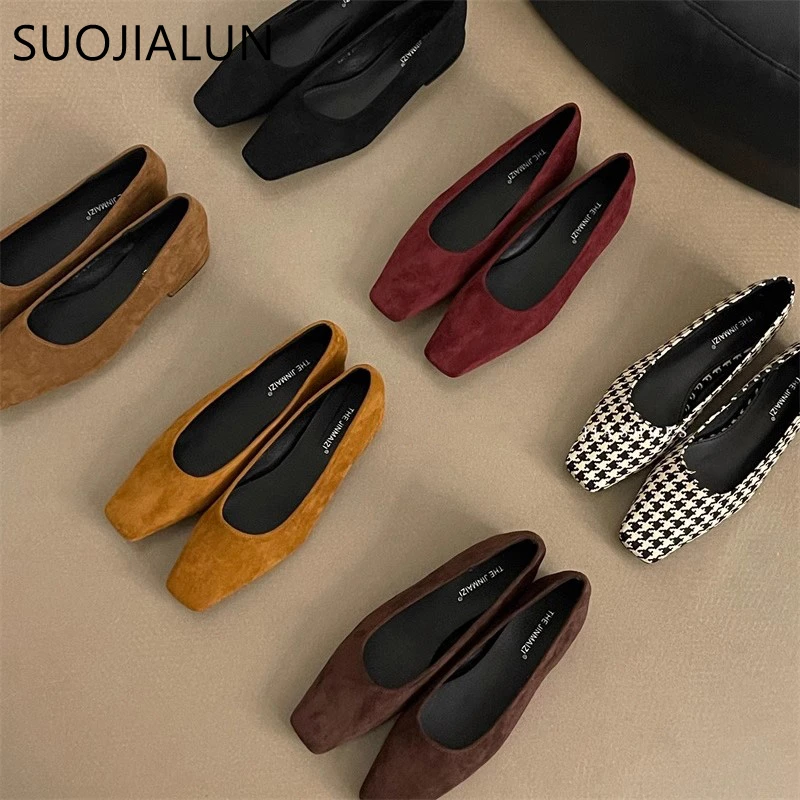 

SUOJIALUN New Brand Women Flat Shoes Fashion Square Toe Shallow Slip On Boat Shoes Soft Flat Heel Outdoor Dress Ballerinas Shoes