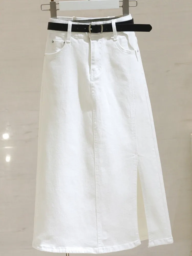 

White Denim Skirt for Women, High Waisted, Thin Jeans, Mid Length Skirts, Side Split, Korean Style, A-Line, New, Summer