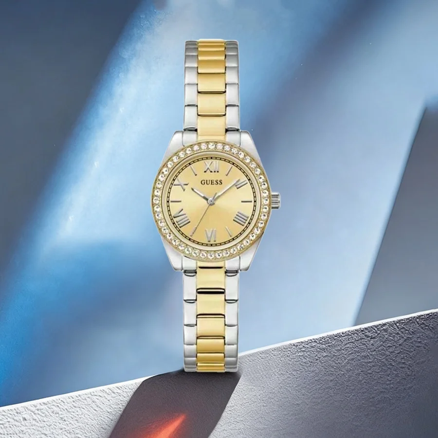 

Женские кварцевые часы GUESS с кристаллами, двухцветным стальным браслетом, элегантные, для офиса, вечеринок, на каждый день, в подарок