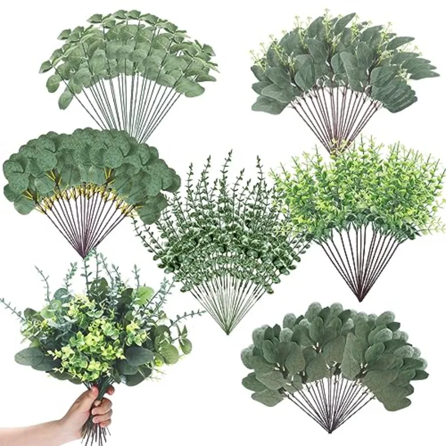 

200 шт. 6 видов смешанных искусственных стеблей зелени: листья эвкалипта, эвкалиптовые ветки и пучки для вазы, сухоцветы