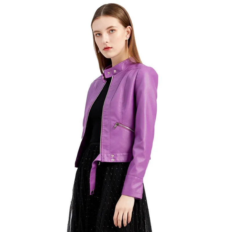 Women's Leather Jacket Spring Long Sleeves Stand Collar Zip Jacket Black Red Coffee Brown Lavender Purple Women's Coat S-XXXL
