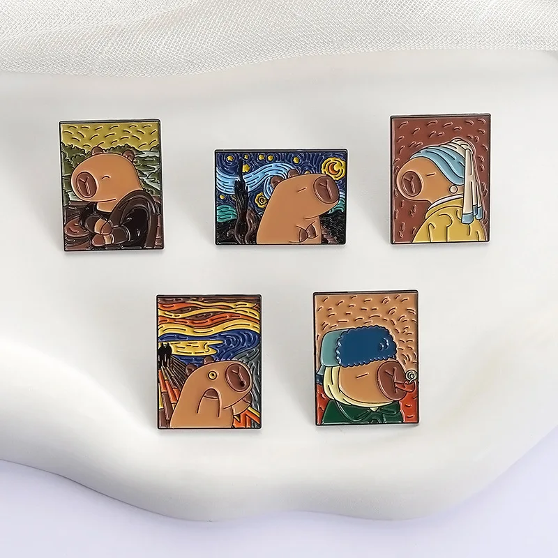 Creative Capybara Enamel Pins Lapel Brooches Cowboy OilPainting Car Burger Sandwich Dagger Funny Capybara Cartoon Badge Jewelry