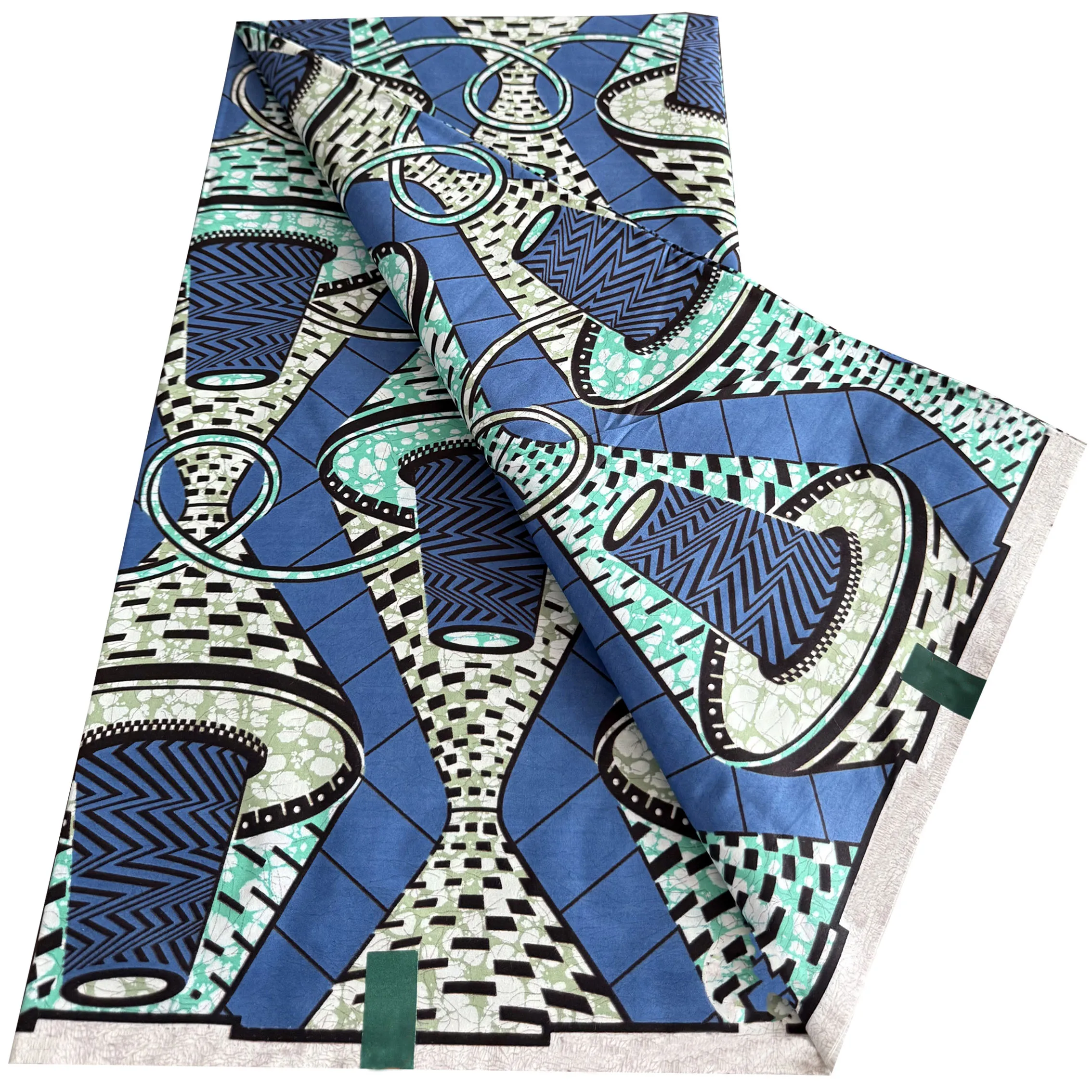 African Real Wax Print Fabric 100% Cotton Ankara Blue Green Abstract Vase Geometric Pattern 6 Yards Dutch Style Batik Pagne