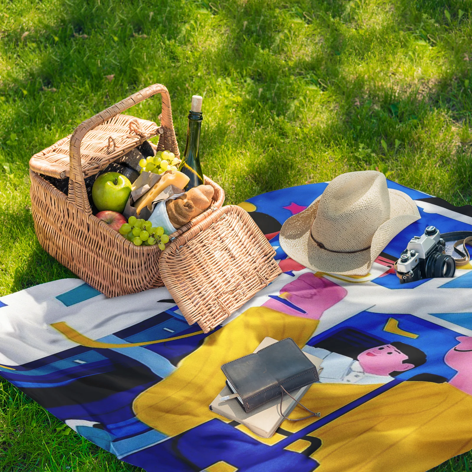 Manta caprichosa de picnic con personajes de dibujos animados para reuniones al aire libre y diversión familiar con un diseño vibrante