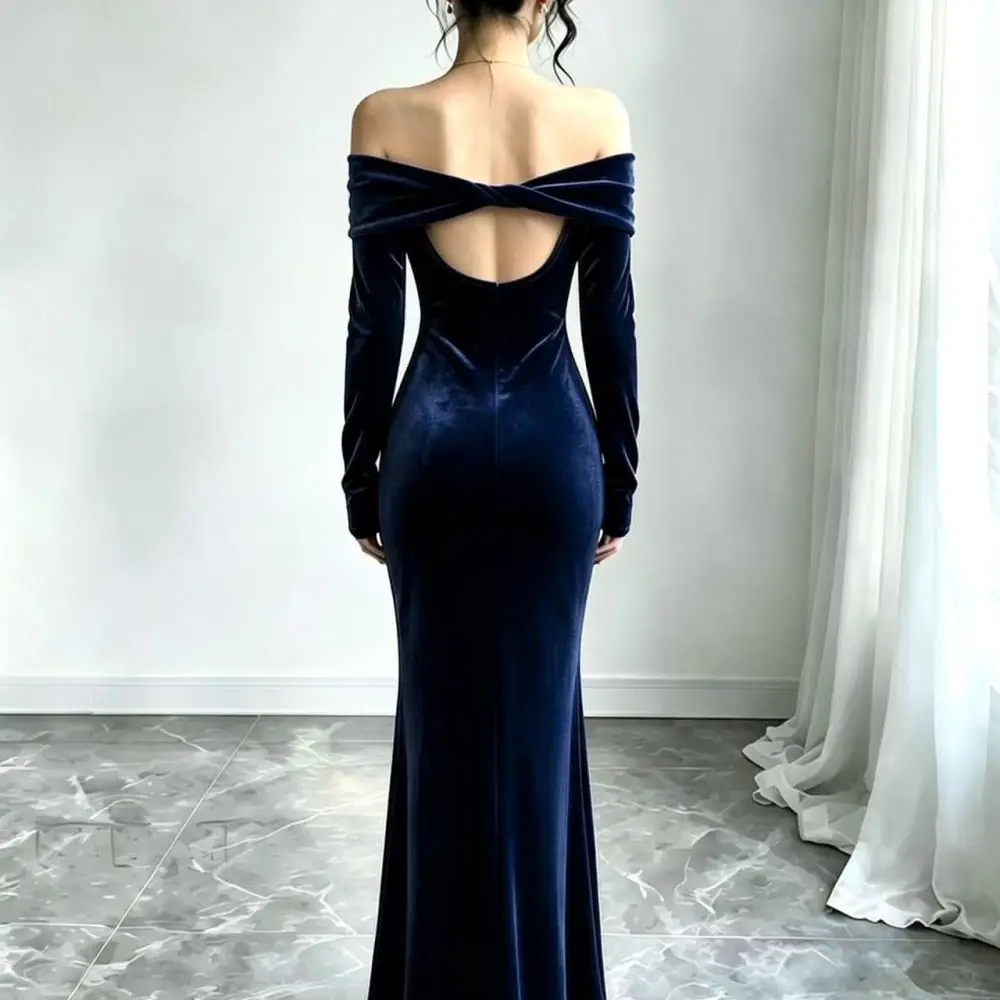 Velvet Bodycon Long Dress Women Off Shoulder Evening Party Gown Autumn Winter Elegant Long Sleeve Slim Fit Maxi Skirts