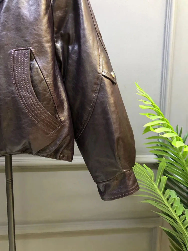 الشتاء النساء الدافئة الثعلب الفراء طوق أسفل سترة فضفاضة تناسب النفط الشمع جلد الغنم سترة جلدية حقيقية Vintage دراجة نارية السائق معطف